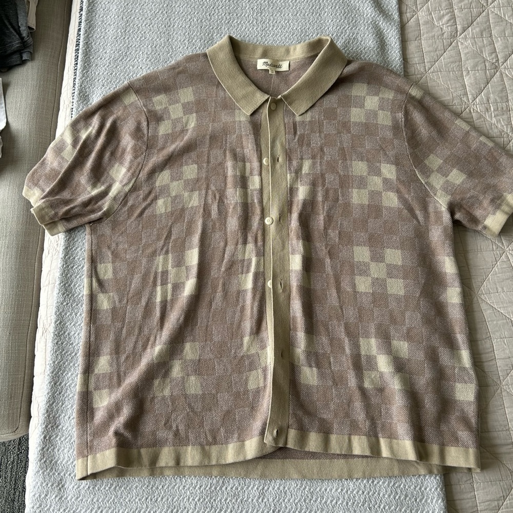Taupe and light brown cotton button up short sleeve sweater